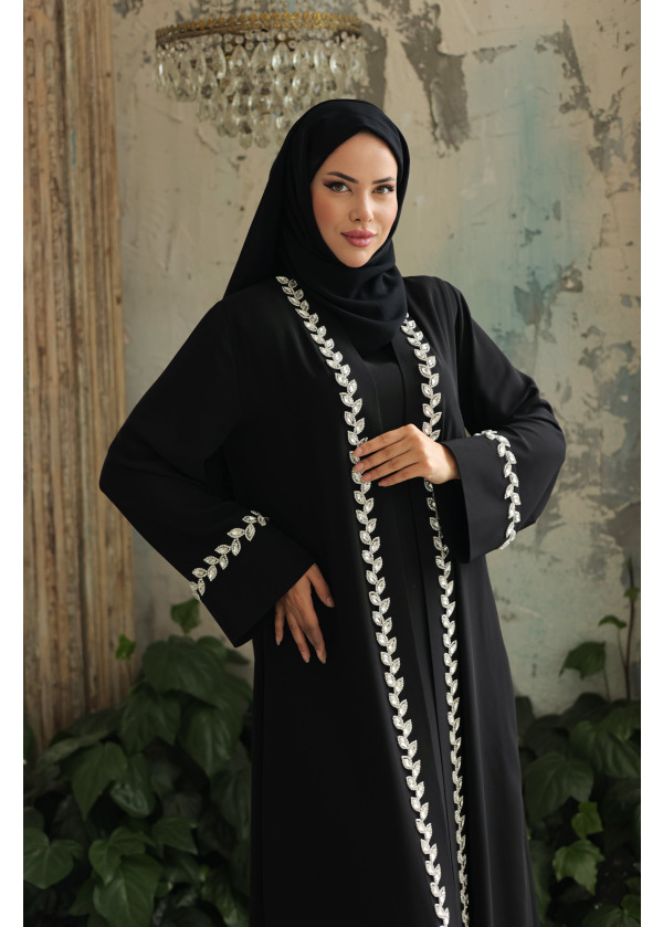 Kristal Tam Boy Yaprak Model Siyah Abaya