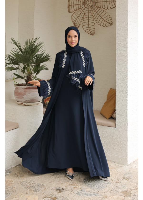 Kristal Yaprak Model Tüy Detaylı Lacivert Abaya